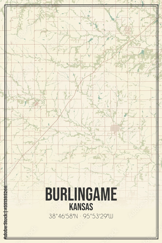 Retro US city map of Burlingame, Kansas. Vintage street map.