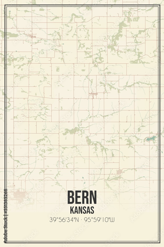 Retro US city map of Bern, Kansas. Vintage street map.