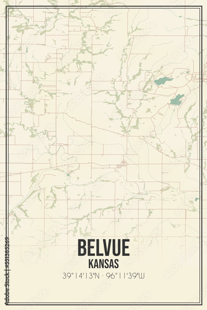 Retro US city map of Belvue, Kansas. Vintage street map.