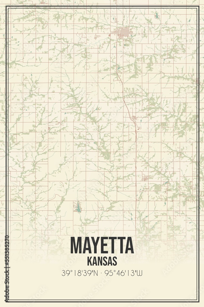 Retro US city map of Mayetta, Kansas. Vintage street map.