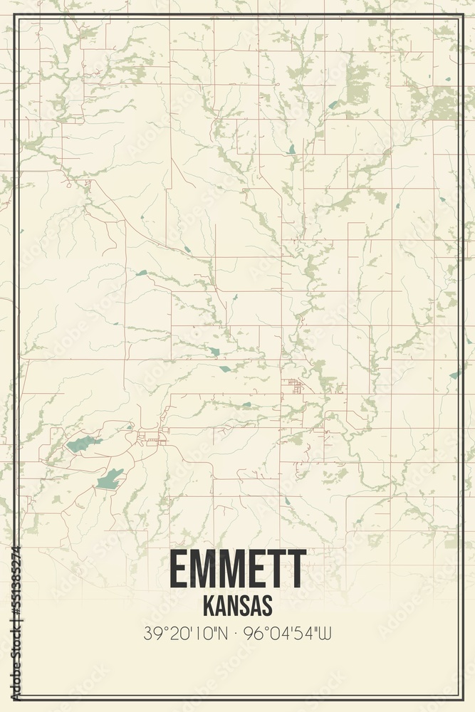 Retro US city map of Emmett, Kansas. Vintage street map.