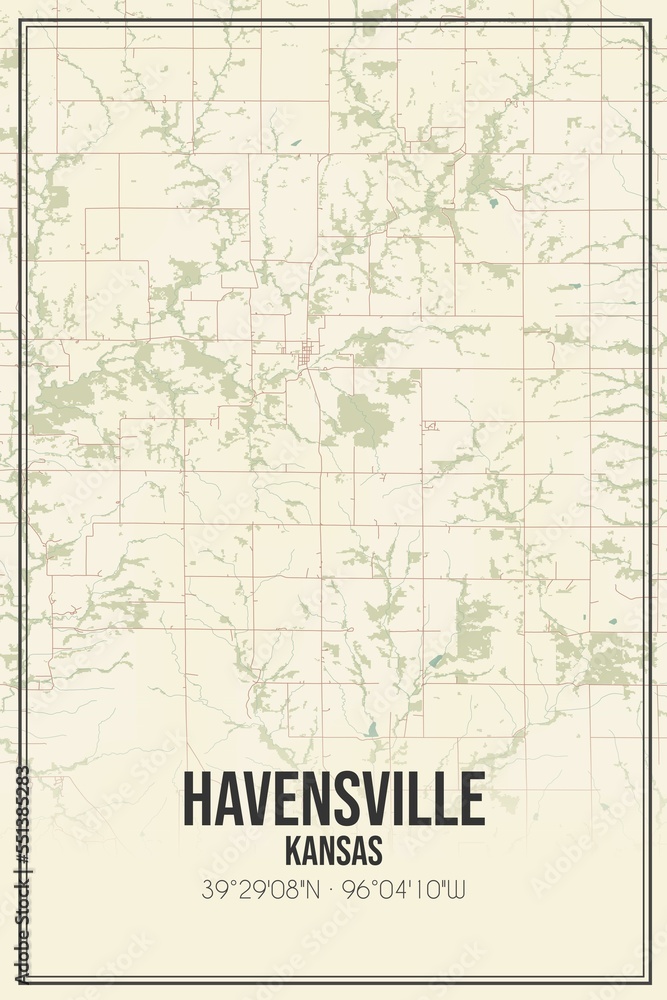 Retro US city map of Havensville, Kansas. Vintage street map.