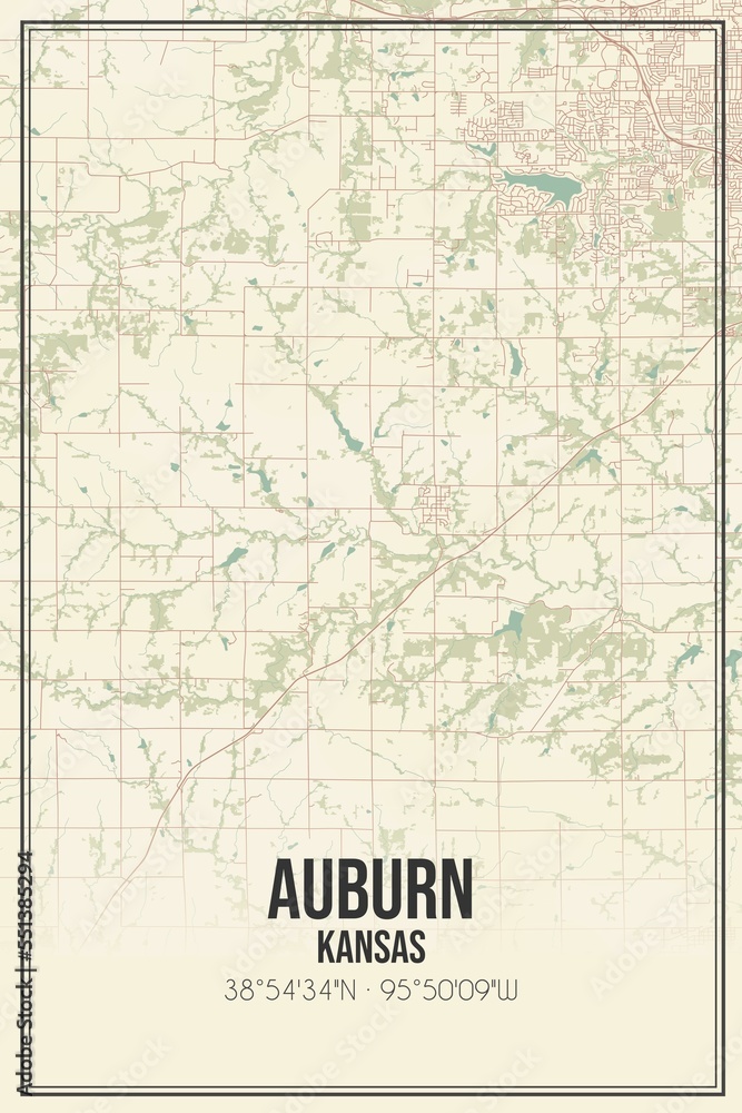 Retro US city map of Auburn, Kansas. Vintage street map.