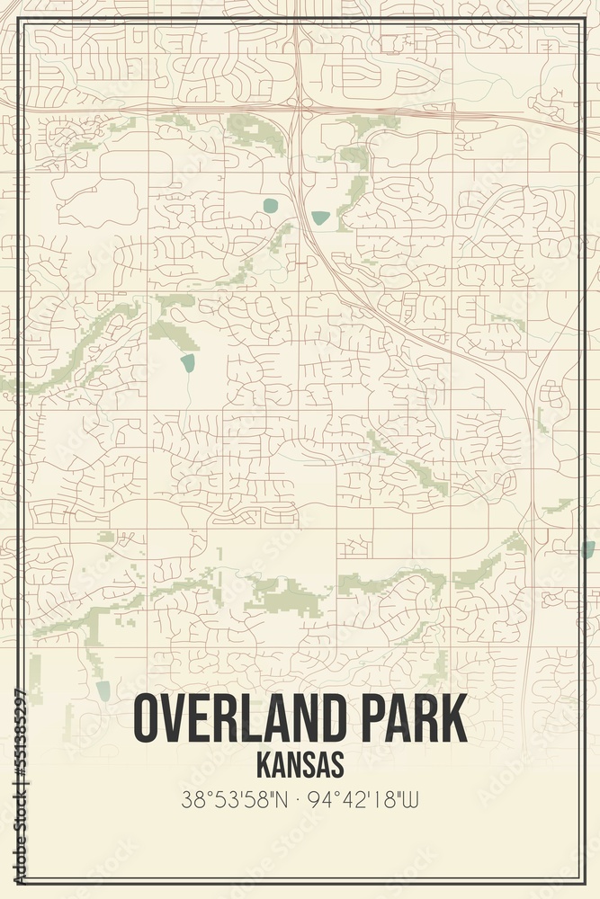 Retro US city map of Overland Park, Kansas. Vintage street map.