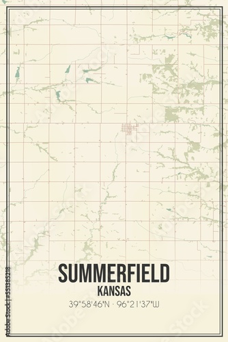 Retro US city map of Summerfield, Kansas. Vintage street map.
