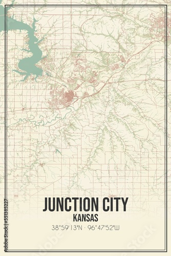 Retro US city map of Junction City, Kansas. Vintage street map. © Rezona