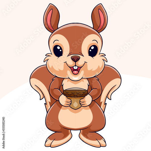 Little happy squirrel cartoon holding a nut