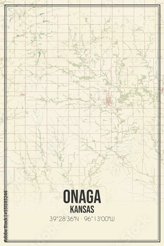 Fototapeta Naklejka Na Ścianę i Meble -  Retro US city map of Onaga, Kansas. Vintage street map.