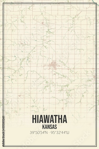 Retro US city map of Hiawatha, Kansas. Vintage street map.