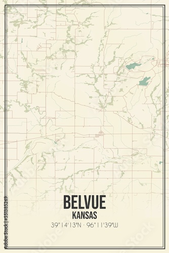 Retro US city map of Belvue  Kansas. Vintage street map.