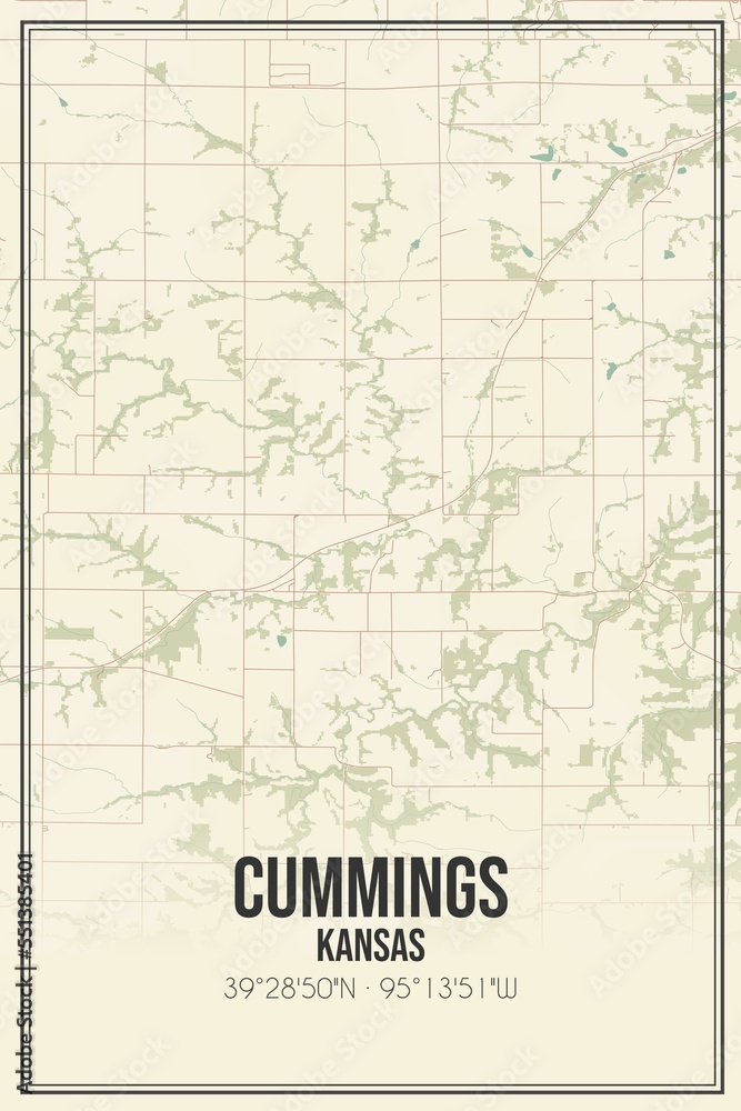 Retro US city map of Cummings, Kansas. Vintage street map.