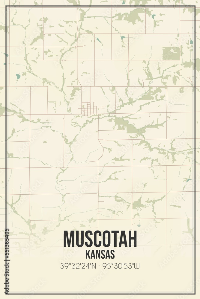 Retro US city map of Muscotah, Kansas. Vintage street map.