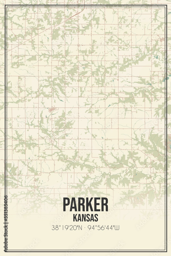 Retro US city map of Parker, Kansas. Vintage street map.