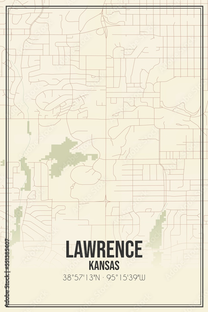Retro US city map of Lawrence, Kansas. Vintage street map.