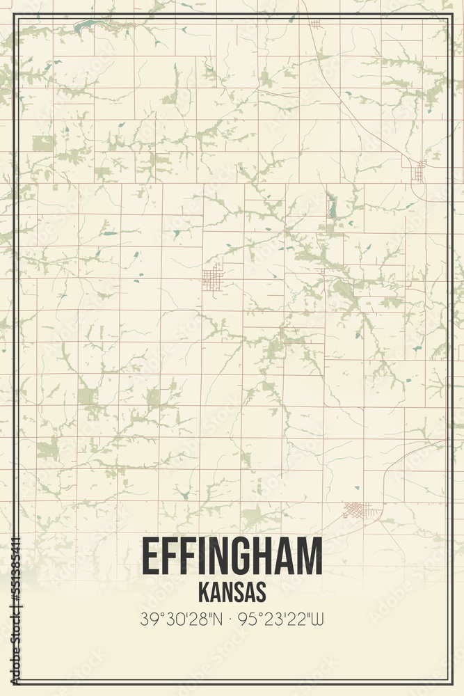 Retro US city map of Effingham, Kansas. Vintage street map.