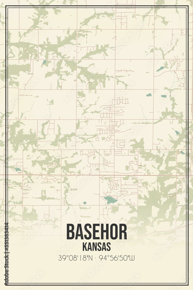 Retro US city map of Basehor, Kansas. Vintage street map.
