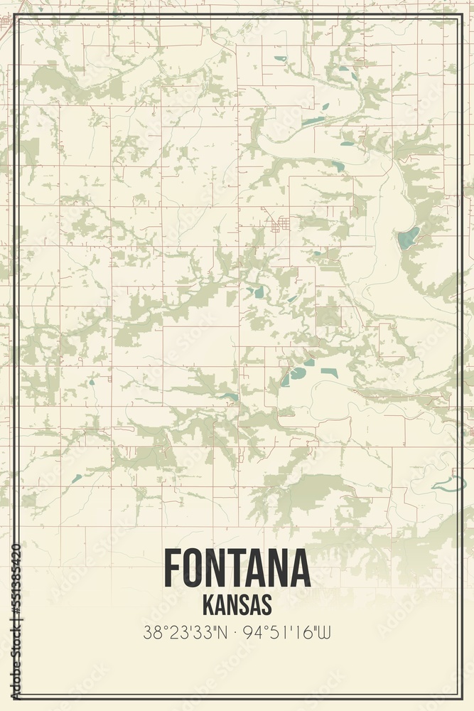 Retro US city map of Fontana, Kansas. Vintage street map.