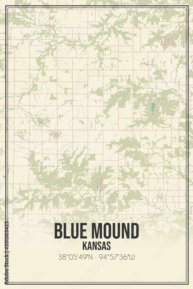 Retro US city map of Blue Mound, Kansas. Vintage street map.