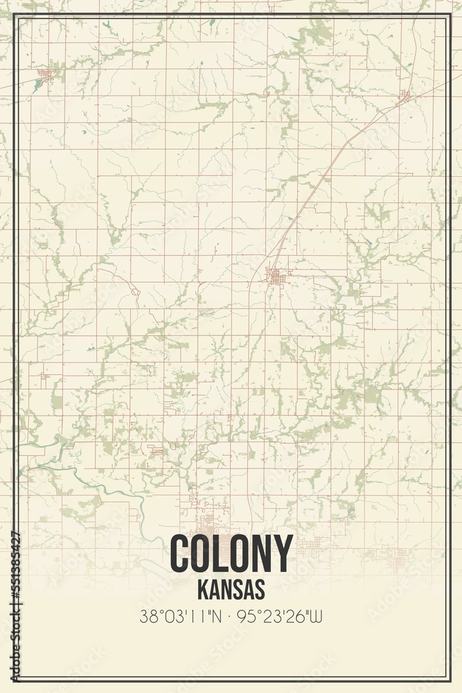 Retro US city map of Colony, Kansas. Vintage street map.