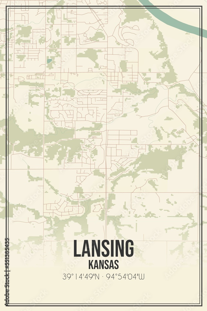 Retro US city map of Lansing, Kansas. Vintage street map.