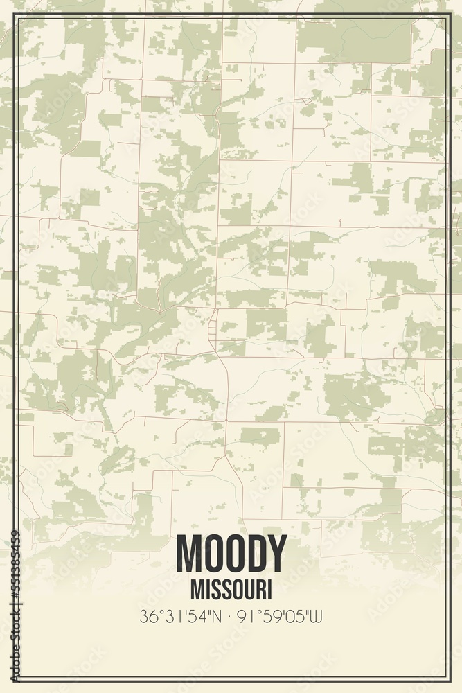 Fototapeta premium Retro US city map of Moody, Missouri. Vintage street map.