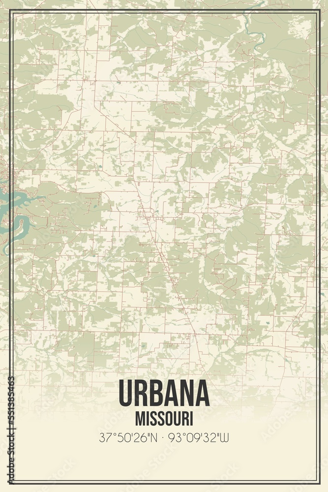 Retro US city map of Urbana, Missouri. Vintage street map.