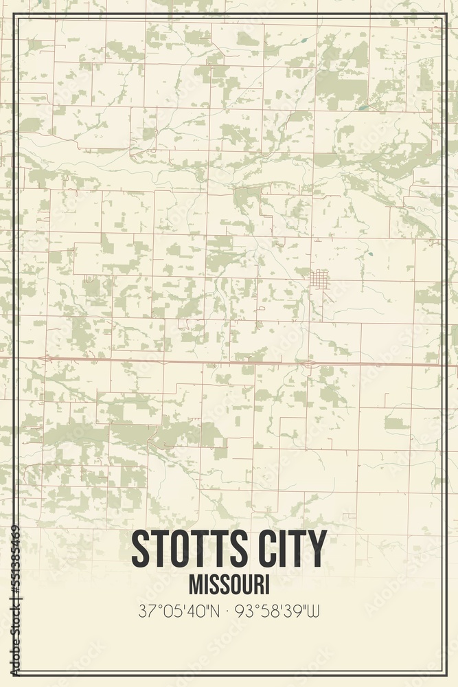 Retro US city map of Stotts City, Missouri. Vintage street map.