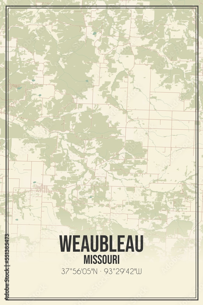 Retro US city map of Weaubleau, Missouri. Vintage street map.