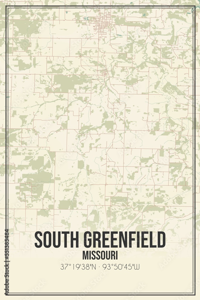 Retro US city map of South Greenfield, Missouri. Vintage street map.