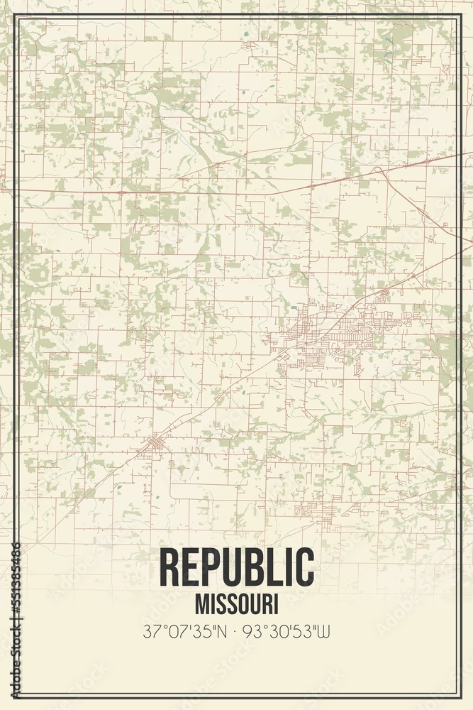 Retro US city map of Republic, Missouri. Vintage street map.