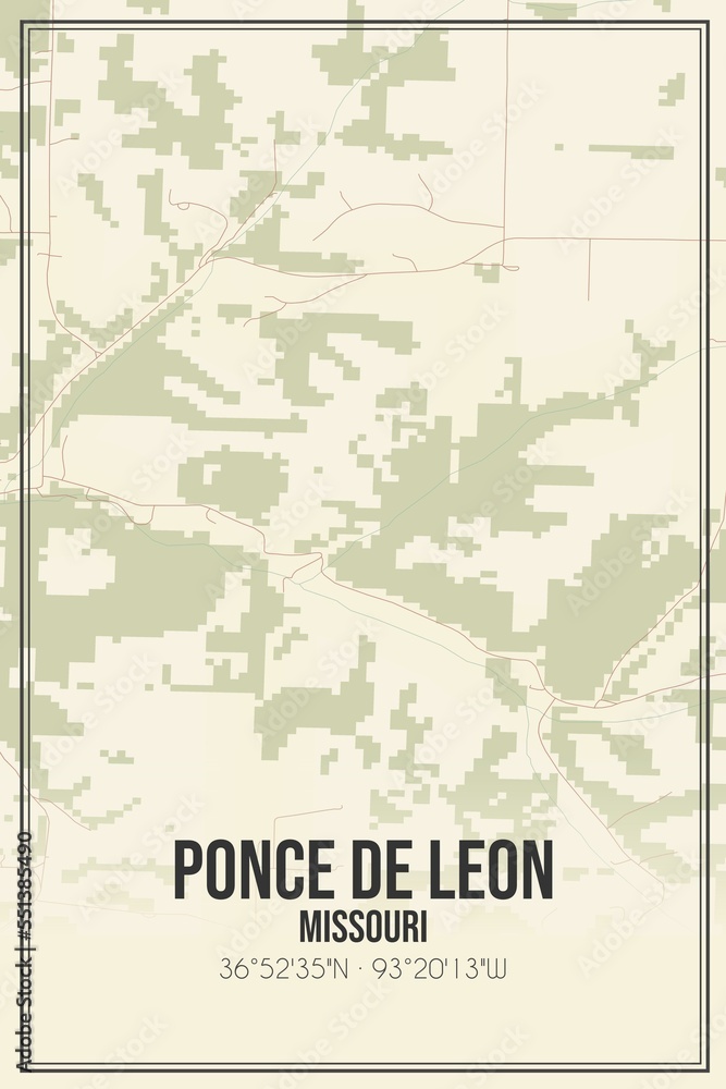 Retro US city map of Ponce De Leon, Missouri. Vintage street map.