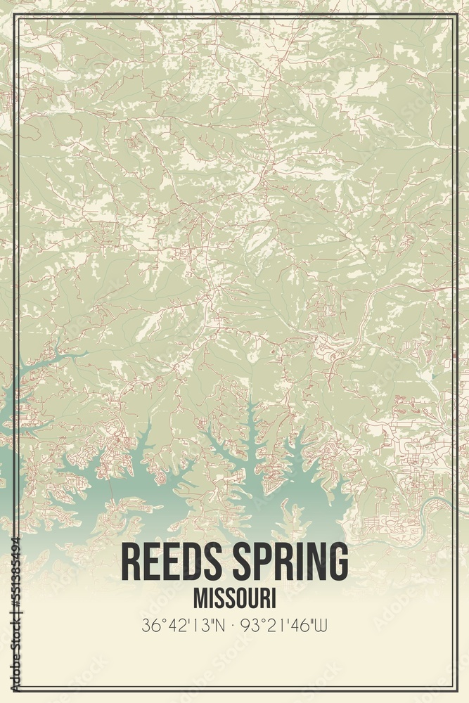 Retro US city map of Reeds Spring, Missouri. Vintage street map.