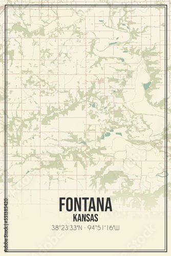 Retro US city map of Fontana  Kansas. Vintage street map.