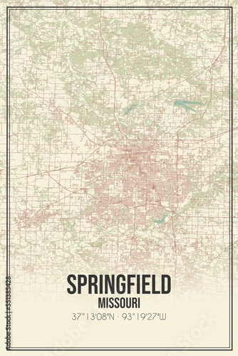 Obraz na płótnie Retro US city map of Springfield, Missouri. Vintage street map. w salonie