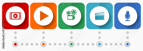 Entertainment vector icons, video and cinema flat design web buttons collection, business concept infographic template