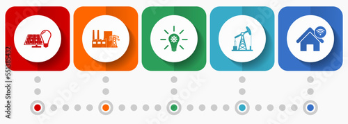 Industry and technolog vector icons, power and renewable energy flat design web buttons collection, business concept infographic template