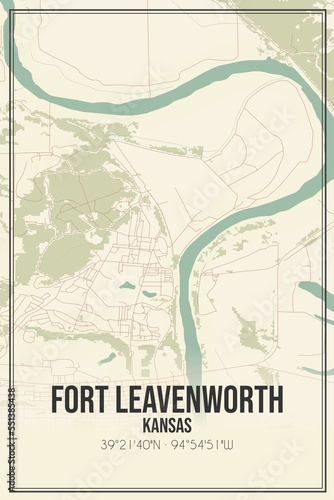 Retro US city map of Fort Leavenworth, Kansas. Vintage street map. photo