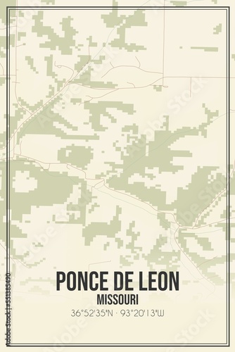 Fototapeta Naklejka Na Ścianę i Meble -  Retro US city map of Ponce De Leon, Missouri. Vintage street map.