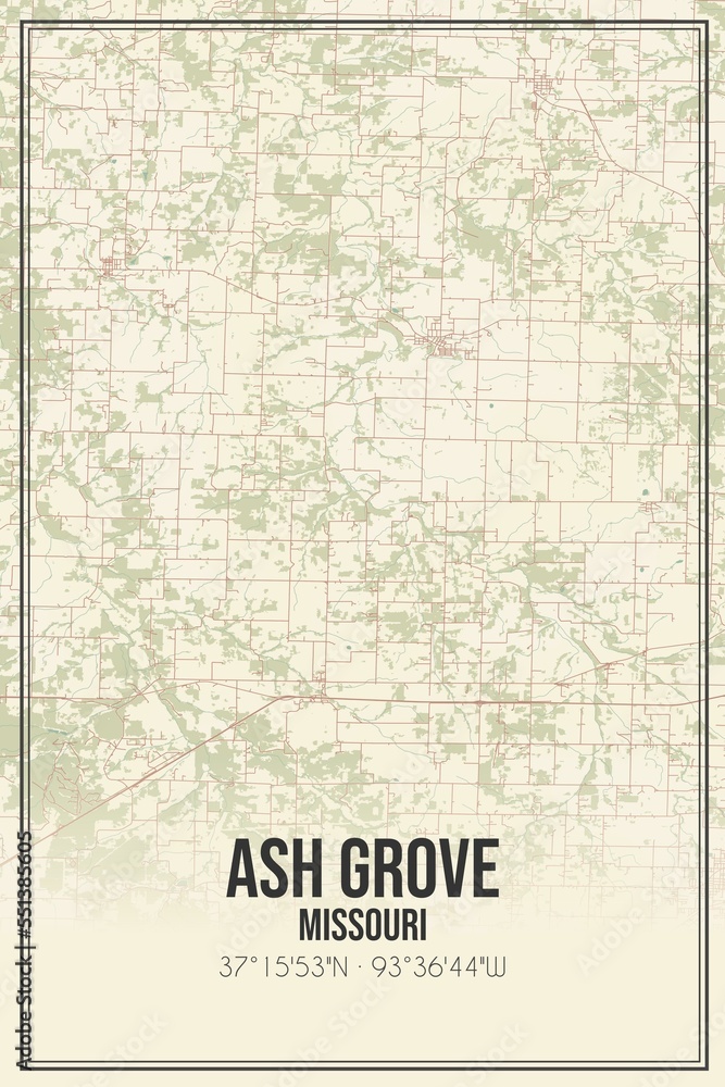 Retro US city map of Ash Grove, Missouri. Vintage street map.
