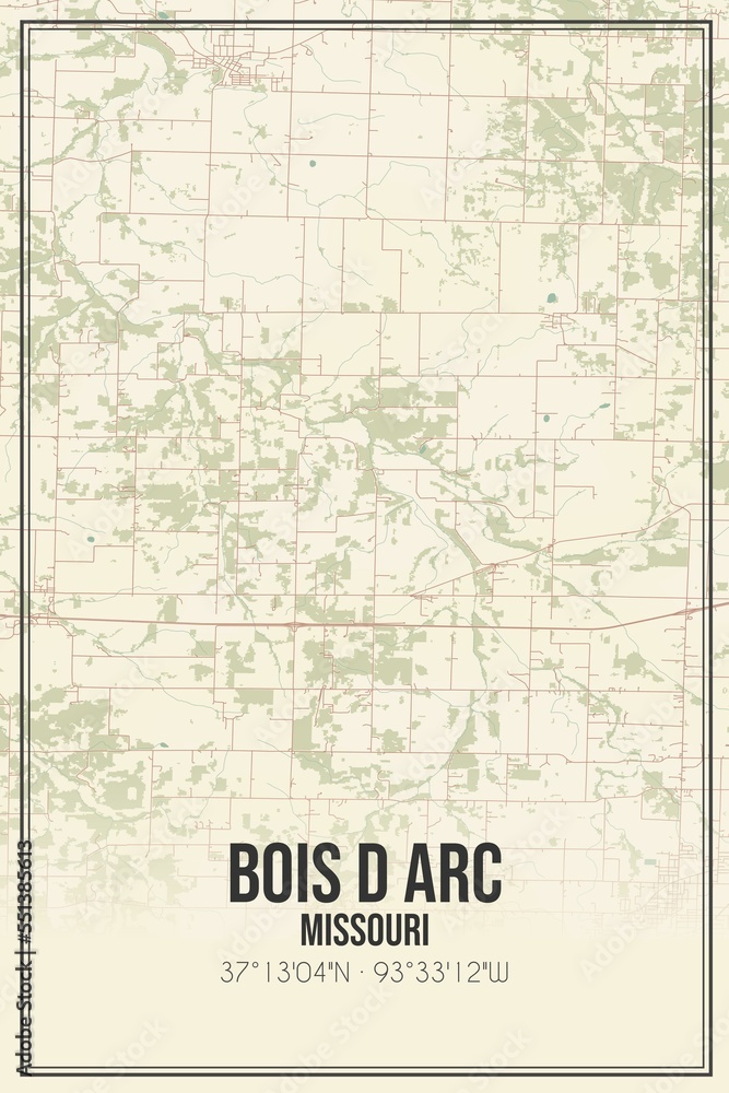 Retro US city map of Bois D Arc, Missouri. Vintage street map.