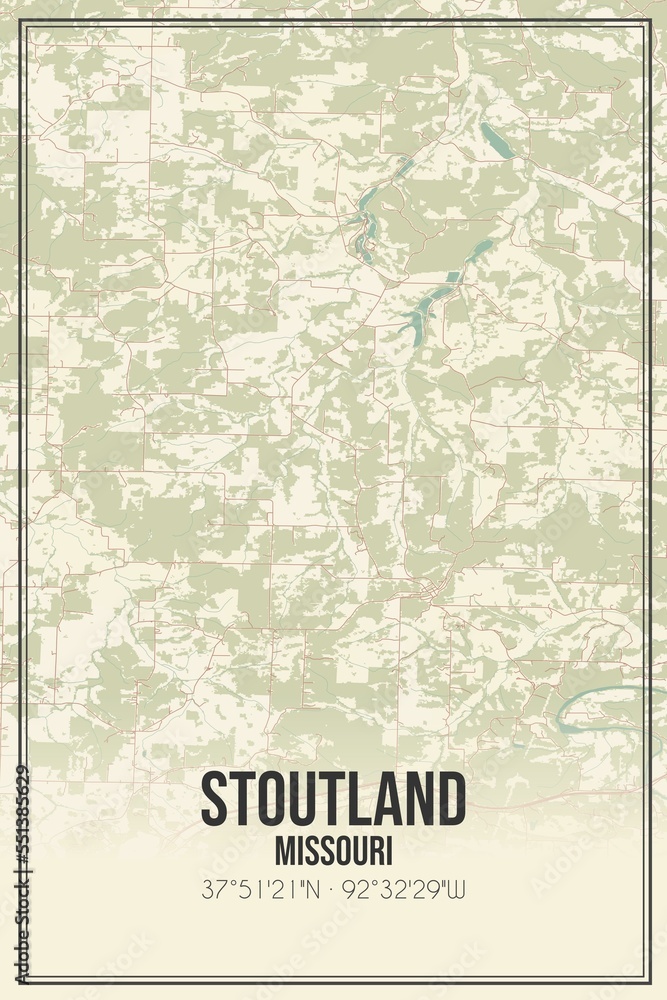 Retro US city map of Stoutland, Missouri. Vintage street map.