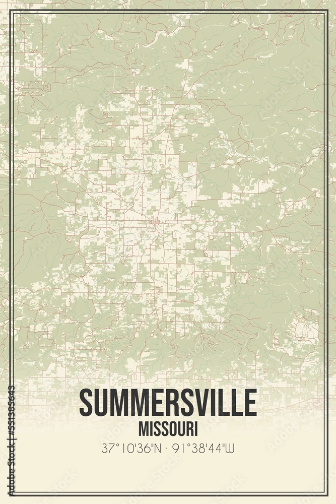 Retro US city map of Summersville, Missouri. Vintage street map.