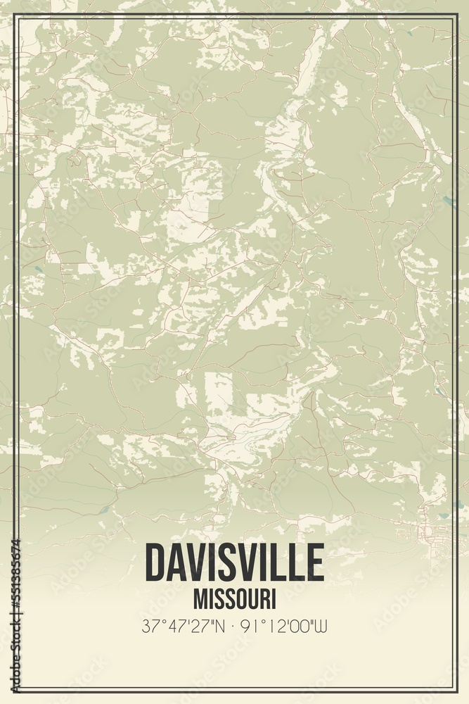 Retro US city map of Davisville, Missouri. Vintage street map.
