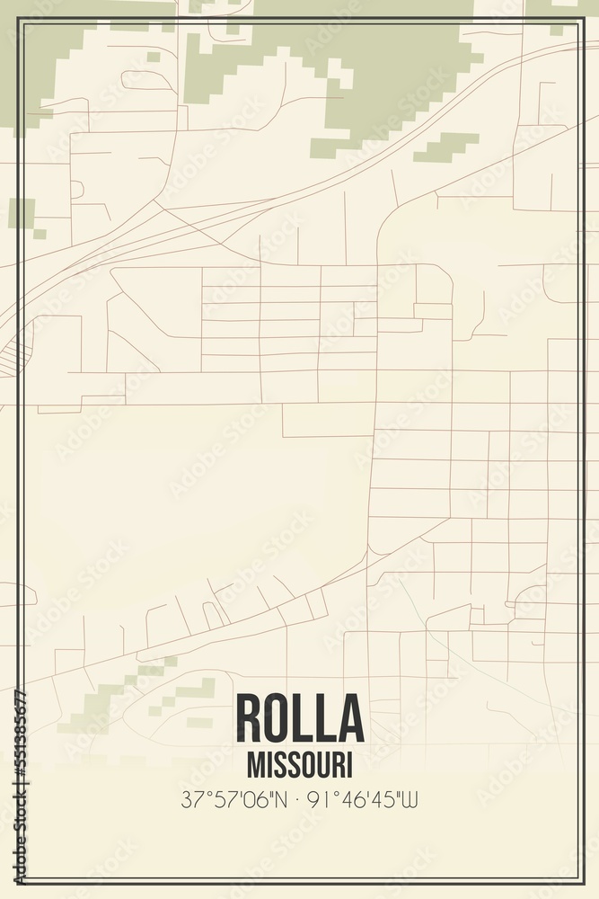 Retro US city map of Rolla, Missouri. Vintage street map.