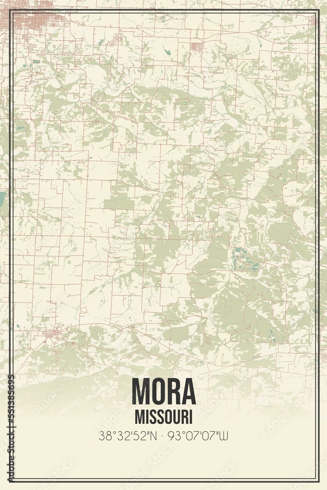 Retro US city map of Mora, Missouri. Vintage street map.