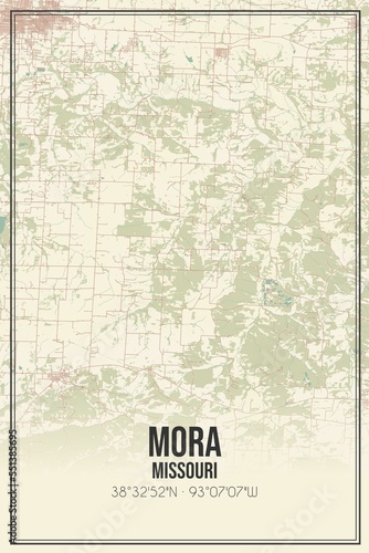 Fototapeta Naklejka Na Ścianę i Meble -  Retro US city map of Mora, Missouri. Vintage street map.