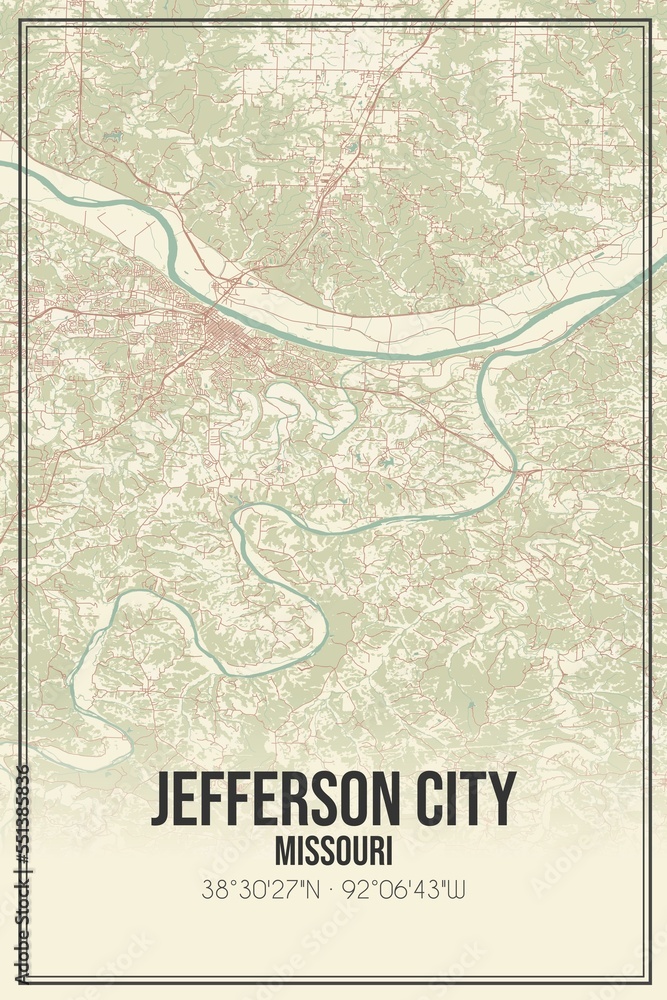 Obraz premium Retro US city map of Jefferson City, Missouri. Vintage street map.