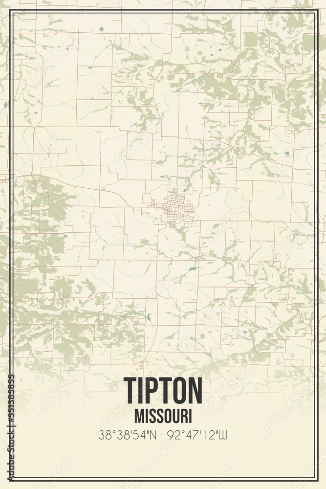 Retro US city map of Tipton, Missouri. Vintage street map.