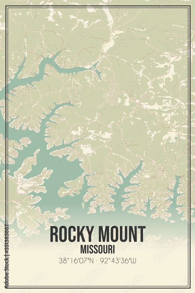 Retro US city map of Rocky Mount, Missouri. Vintage street map.