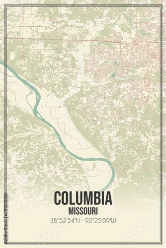 Obraz na plátně Retro US city map of Columbia, Missouri. Vintage street map.